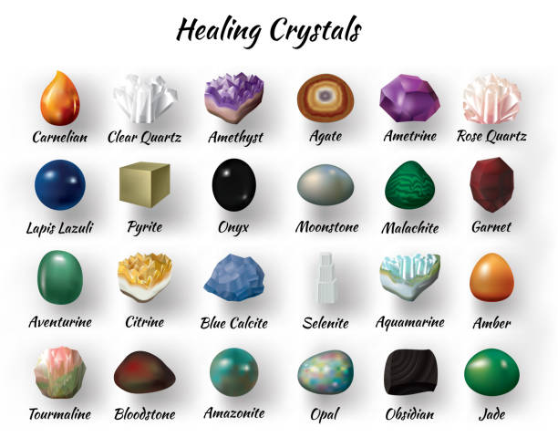 ilustrações, clipart, desenhos animados e ícones de ícones dos cristais curativos. conjunto de 24 minerais. - malachite mineral stone jewelry