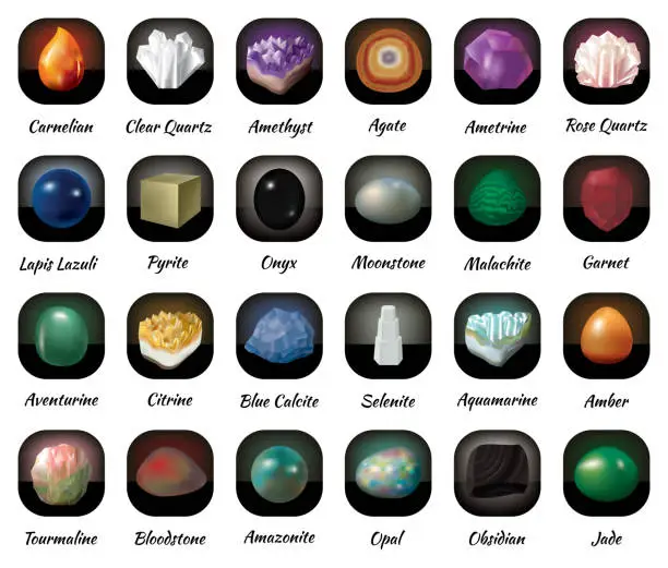 Vector illustration of Icons of healing crystals. Set of twenty-four minerals.