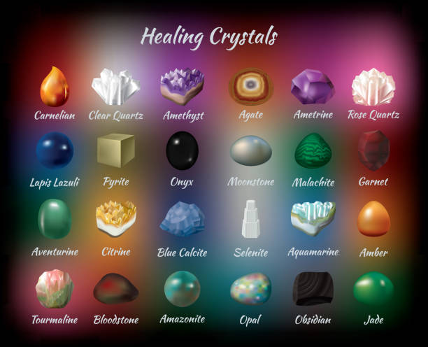ilustrações de stock, clip art, desenhos animados e ícones de icons of healing crystals. set of twenty-four minerals. - malachite mineral stone jewelry