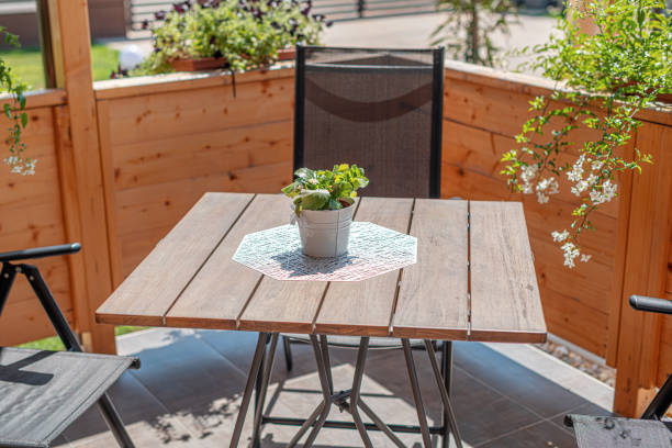 istock Wooden table on the terrace. 1357948306
