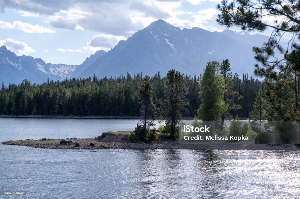 View of Colter Bay in Grand Teton National Park, on Jackson Lake in Wyoming Natural Parkland Stock Photo