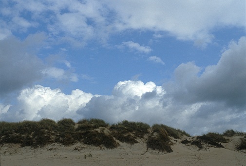 Liseleje, Denmark, 1984. Dunes and clouds impression on the holiday island Liseleje.