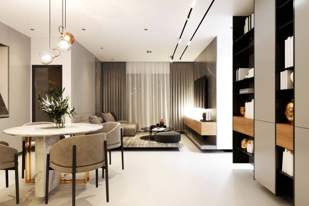 istock 3d render of living room and dining space 1357950901