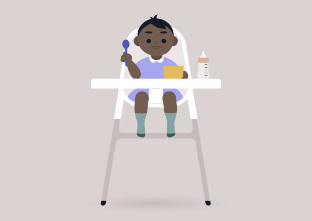 A toddler girl sitting in a kitchen baby chair, a lunchtime concept A toddler girl sitting in a kitchen baby chair, a lunchtime concept high chair stock illustrations