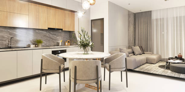 istock 3d render of living room and dining space 1357951499