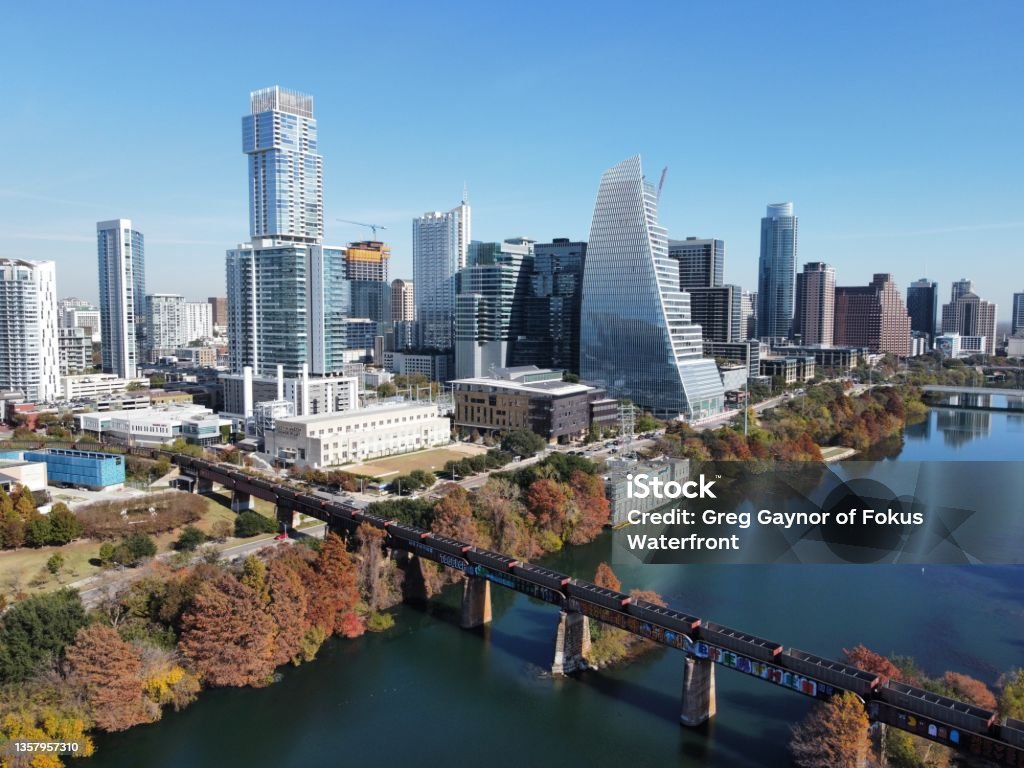 Austin, TX skyline Downtown Austin and Lady Bird Lake Austin - Texas Stock Photo