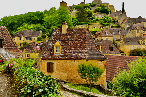 La Rochepot, France - July 1, 2020: Castle of La Rochepot in Burgundy, France. Castle of La Rochepot is a 12th-century feudal castle of neo-Gothic-Burgundian style