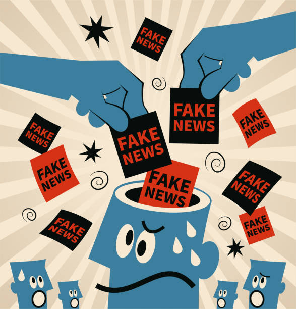 ilustraciones, imágenes clip art, dibujos animados e iconos de stock de manos poniendo noticias falsas en la cabeza abierta del hombre azul - desconfiado