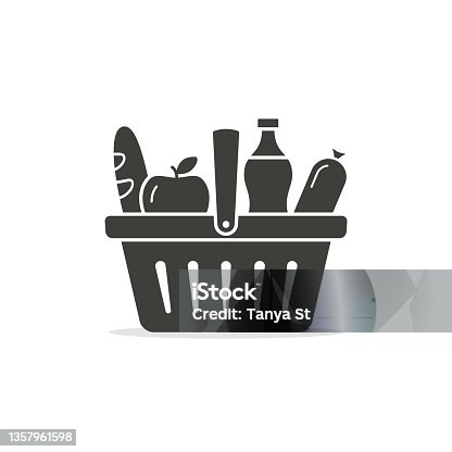 istock Basket with food icon, grocery shopping, vector isolated black symbol, flat design 1357961598