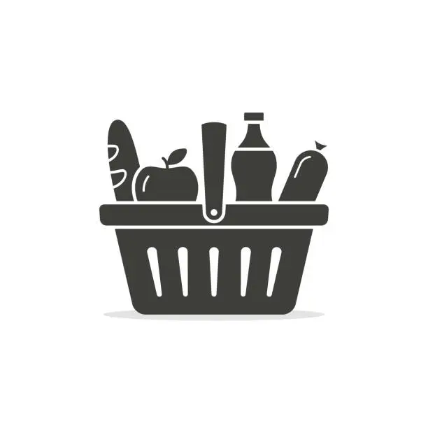 Vector illustration of Basket with food icon, grocery shopping, vector isolated black symbol, flat design