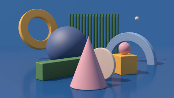 istock Group of colorful geometric shapes. Blue background, hard light. Abstract illustration, 3d render. 1357962873
