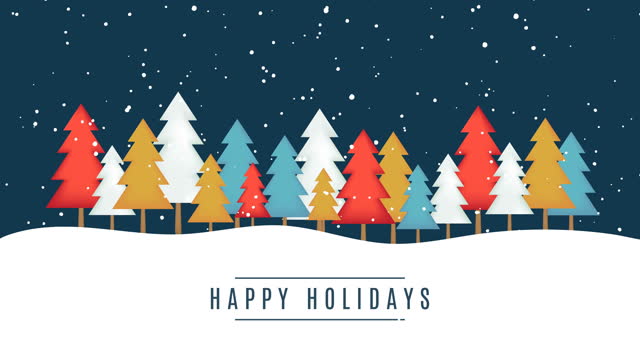 Happy Holidays animation with colorful trees and falling snow. 4k animation
