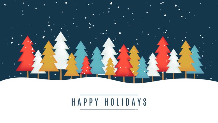 Happy Holidays animation with colorful trees and falling snow