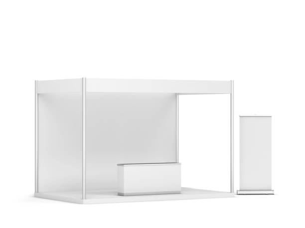 istock Blank tradeshow booth with counter and rollup banner 1357969767