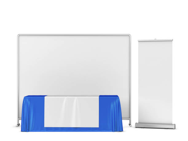 istock Blank tradeshow tablecloth with backdrop and rollup banners mockup 1357969817