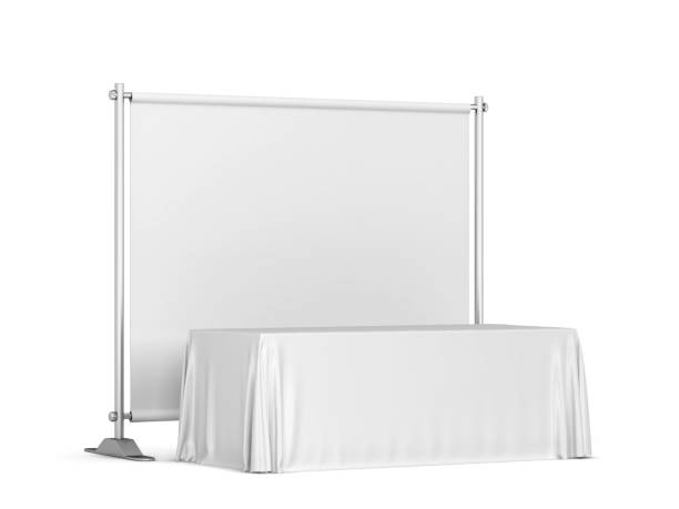 istock Blank tradeshow tablecloth with backdrop banner mockup 1357969822