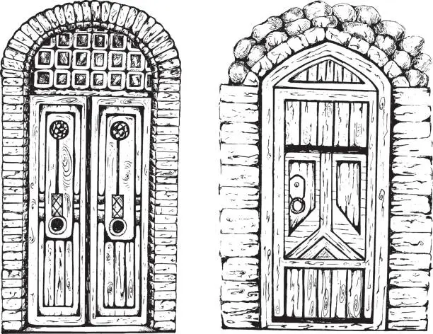 Vector illustration of Set of hand drawn sketch or engraving vintage doors.
Black and white, isolated on a  white background.