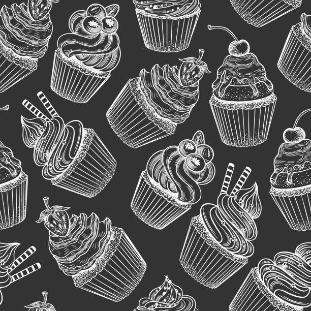 ilustraciones, imágenes clip art, dibujos animados e iconos de stock de patrón sin costuras con cupcakes - muffin cupcake cake chocolate