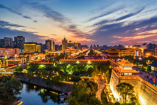 Aerial view of city at sunset,Xi'an,China.