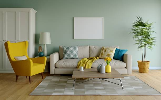 istock 3D interior design of a bright living room. 1357974569