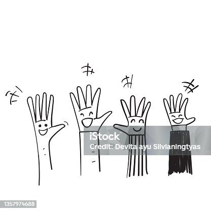 istock hand drawn doodle raised audience hand with smile face in the palm illustration vector 1357974688