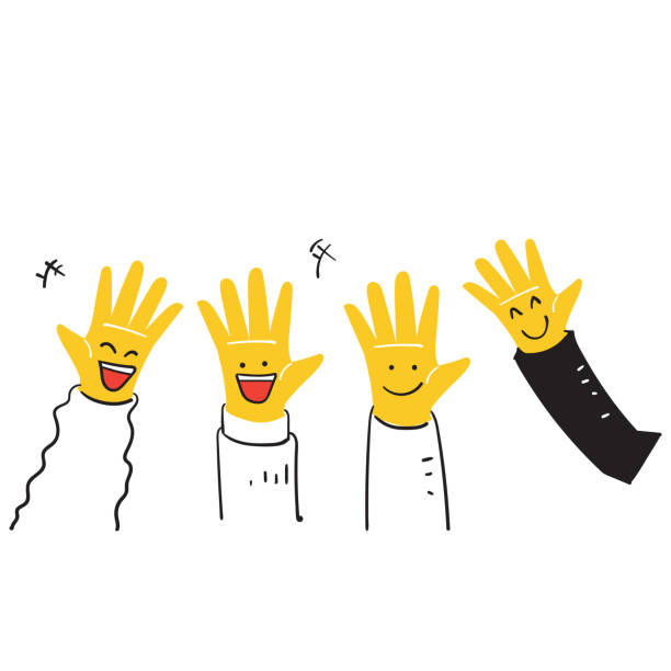 ilustraciones, imágenes clip art, dibujos animados e iconos de stock de garabato dibujado a mano mano levantada mano de la audiencia con cara de sonrisa en el vector de ilustración de la palma de la mano - meeting business cheerful hope