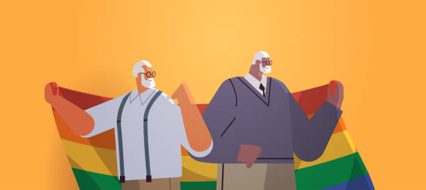 dwóch starszych mężczyzn trzymających tęczową flagę lgbt gejów lesbijek parada dumy festiwal transgender love concept - homosexual couple illustrations stock illustrations