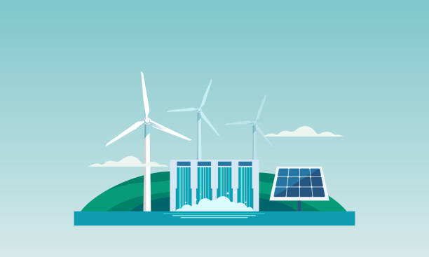 renewable energy Sustainable renewable energy, hydroelectric power plants Wind turbines and solar panels environmentally friendly vector illustration alternative energy stock illustrations