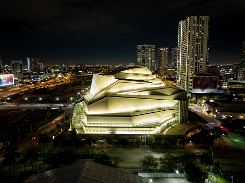 Miami, FL, USA - November 12, 2021: Aerial night photo of the Adrienne Arsht center for the performing arts