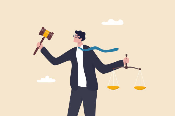 ilustrações de stock, clip art, desenhos animados e ícones de legal verdict, judgement or legislation authority, lawyer, attorney or ethics, lawsuit and jury concept, businessman attorney or lawyer holding gavel and equality scale on other hand. - lawsuit