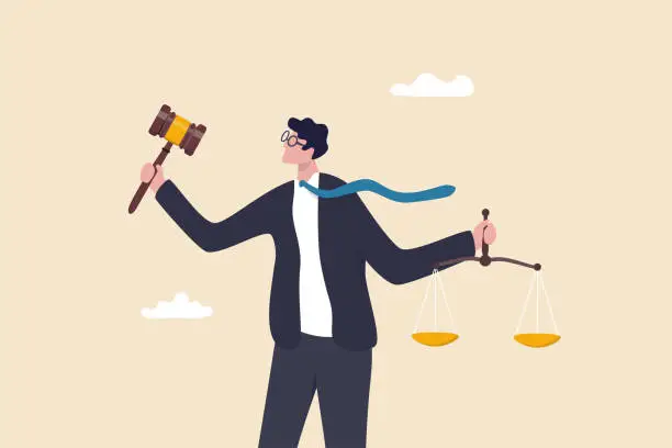 Vector illustration of Legal verdict, judgement or legislation authority, lawyer, attorney or ethics, lawsuit and jury concept, businessman attorney or lawyer holding gavel and equality scale on other hand.