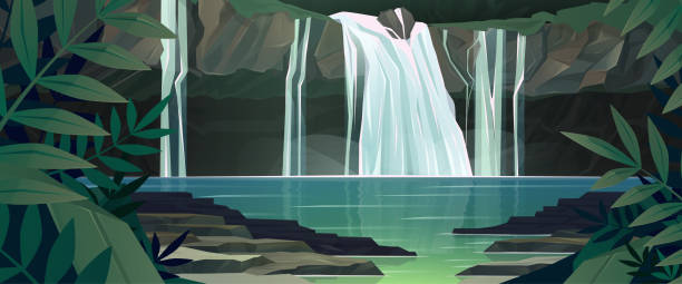 ilustrações de stock, clip art, desenhos animados e ícones de waterfall in jungle with trees and mountains - waterfall cartoon tropical rainforest vector