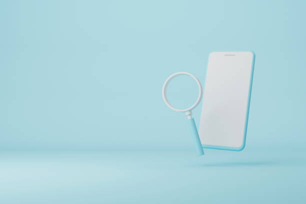 istock Mobile Smartphone and magnifying glass on light blue background. Searching information data in smart phone on internet networking concept. 3d illustration 1357992860