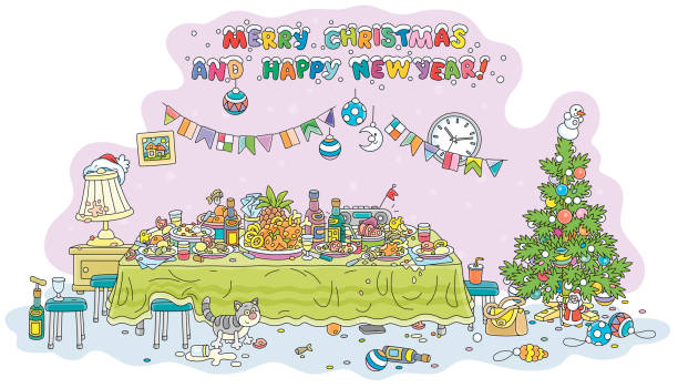 After a joyous New Year celebration At the end of a merry and noisy holiday with a decorated Christmas tree, colorful garlands, balls, toys and a festive table with various drinks and tasty food for guests, vector cartoon illustration isolated on white christmas chaos stock illustrations