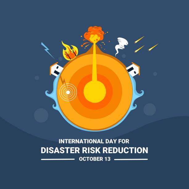 illustrazioni stock, clip art, cartoni animati e icone di tendenza di illustrazione vettoriale di disastri, tsunami, incendi boschivi, eruzioni vulcaniche, piogge di meteoriti, tornado e terremoti, come striscioni o manifesti, giornata internazionale per la riduzione del rischio di catastrofi. - natural disaster weather symbol volcano