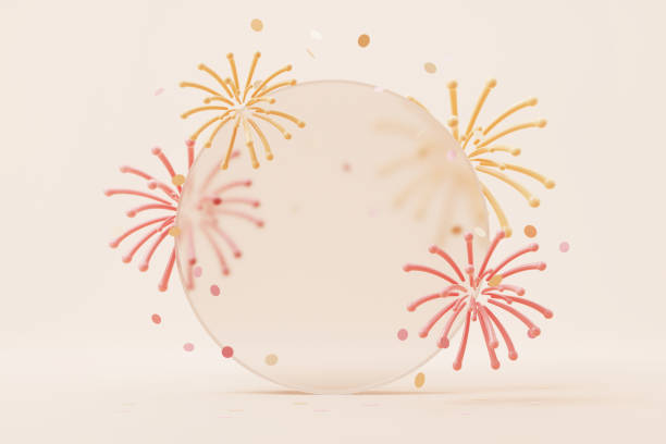 istock New Year fireworks and falling shiny confetti on yellow background. 1357995060