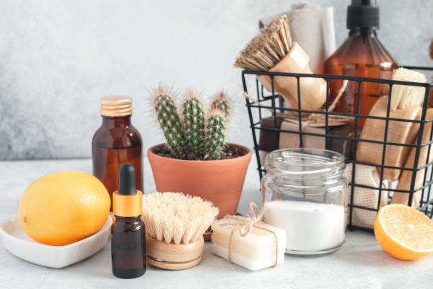 istock Wooden bamboo brushes, baking soda, lemon, essential oils, vinegar. Zero waste eco friendly cleaning concept 1357996282