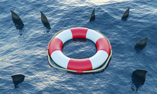 Lifebuoy in the middle of sharks in the ocean. Rescue and assistance concept.