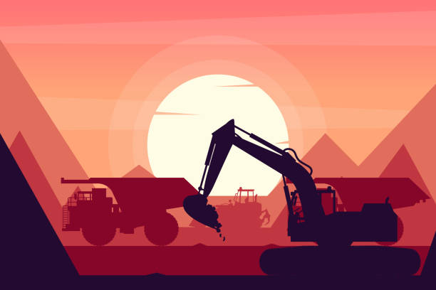 illustrazioni stock, clip art, cartoni animati e icone di tendenza di macchinari pesanti con caricatore cingolato, camion minerario ed escavatore in una miniera con sfondo al tramonto - caterpillar truck