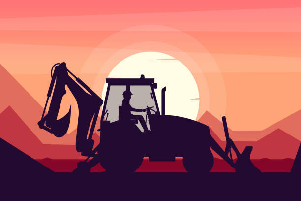 illustrazioni stock, clip art, cartoni animati e icone di tendenza di operatore alla guida di una terna pesante con un paesaggio al tramonto sullo sfondo - caterpillar truck