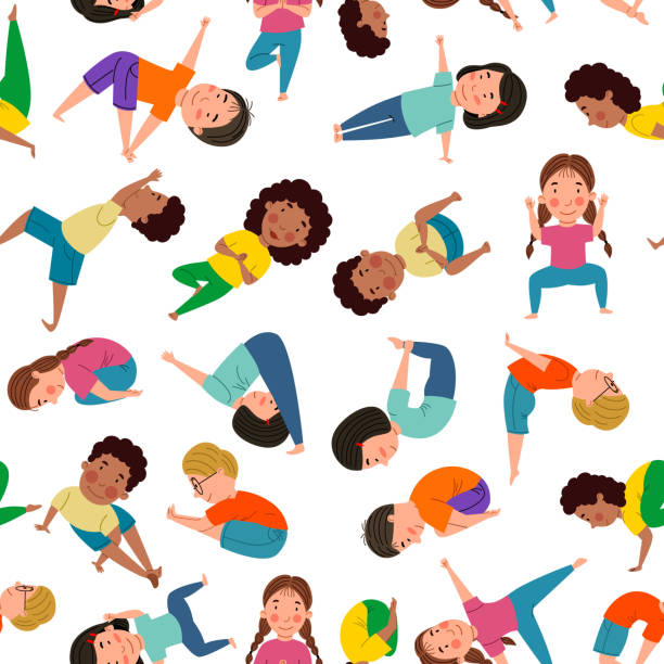 Seamless pattern with yoga for kids. Vector illustration in a flat style A lot of cute girls and boys of different nationalities are engaged in yoga. Seamless pattern with yoga for kids. Vector illustration in a flat style fitness tracker illustration stock illustrations