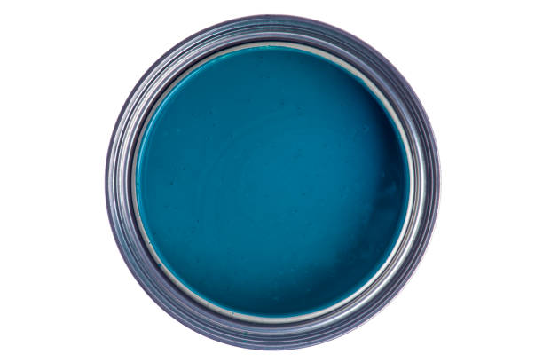 istock Opened can of blue paint view from above on white 1358004413