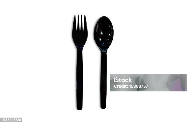 Black Spoon And Fork Isolated On White Background Stock Photo - Download Image Now - Computer Graphic, Eating Utensil, Plate