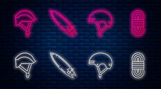 Vector illustration of Set line Surfboard, Helmet, Bicycle helmet and Climber rope. Glowing neon icon on brick wall. Vector