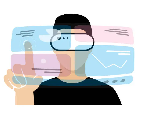 Vector illustration of VR and Technology Concepts, man wearing VR glasses and touching the screen.