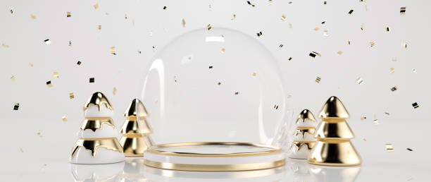istock Modern Golden And White Christmas Trees And Snow Globe. Empty Space - 3D Illustration 1358009030