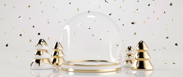 Modern Golden And White Christmas Trees And Snow Globe. Empty Space - 3D Illustration Modern, Trendy Golden And White Christmas Trees And Snow Globe With Confetti On White Background. New Year Concept. snow globe photos stock pictures, royalty-free photos & images