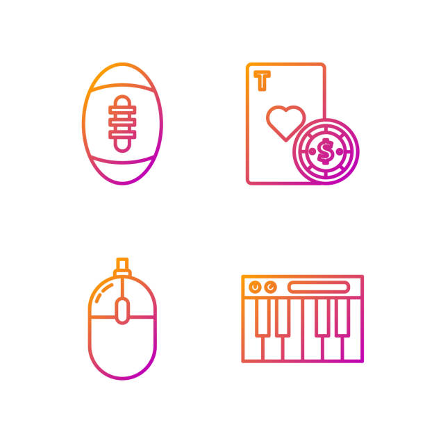 illustrations, cliparts, dessins animés et icônes de set line synthétiseur de musique, souris d’ordinateur, ballon de football américain et puce de casino et cartes à jouer. icônes de couleur dégradée. vecteur - silhouette poker computer icon symbol