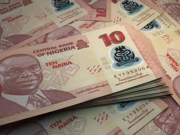 Money of Nigeria. Nigerian naira bills. NGN banknotes. 10 polymer. Business, finance, news background.