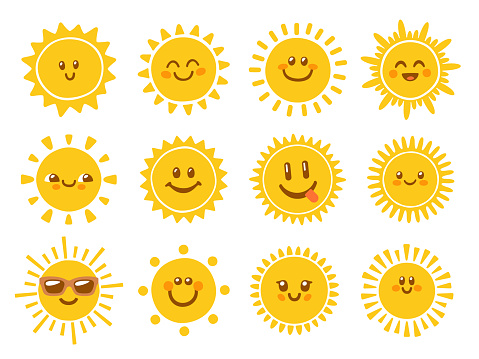 Sunshine emoji, cartoon smiled faces and happy sunny summer day vector icons set